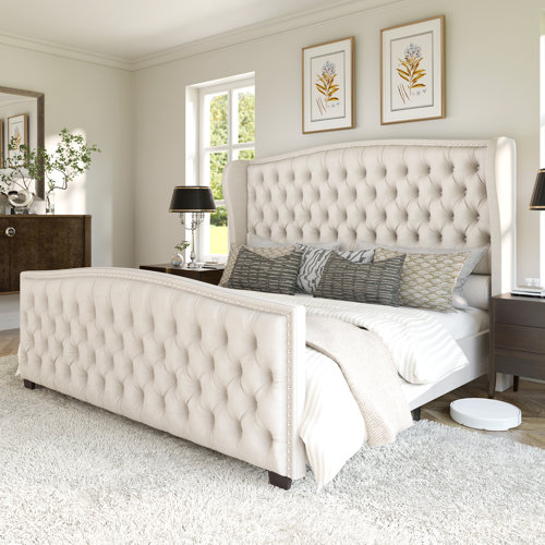 DuJuan Deep Button Tufted Upholstered Bed with Nailhead Trim Wingback Headboard